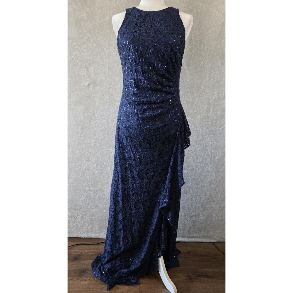 EUC Alex Evenings Dress‎ Womens 8 Navy Blue Lace Sequin Ruched Maxi Formal Gown